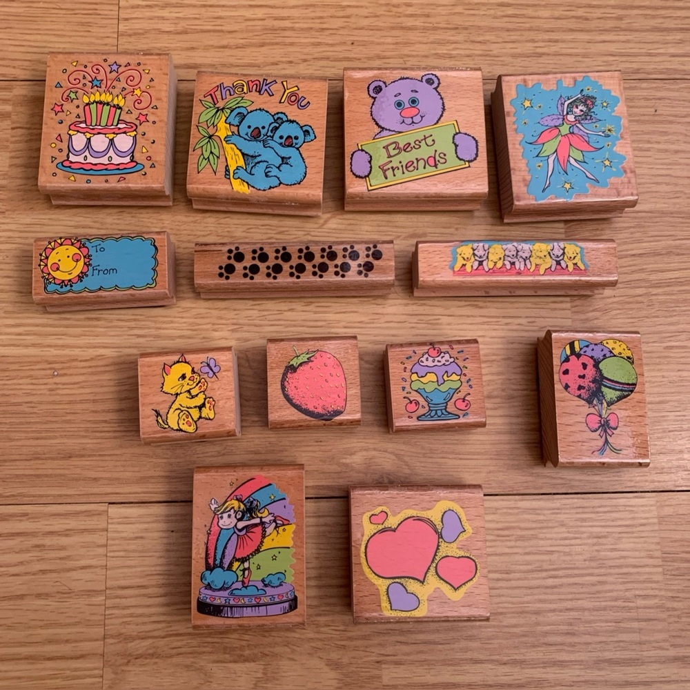 Lot of 13 Wooden Rubber Stamps Girls Kids Toys EUC
